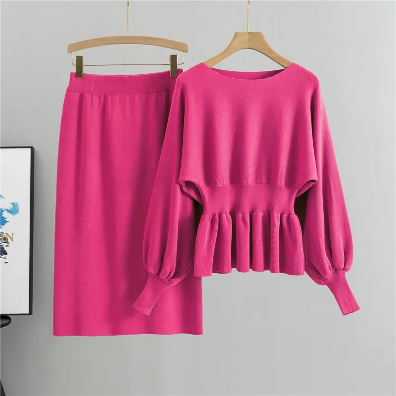

French Long Sleeved Hip Covered Skirt 2 Piece Sets for Women Solid Color O Neck Lantern Sleeves Top and Slim Half Skirt Suits