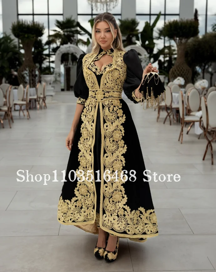Maßgeschneidertes Schwarz Bedrucktes Algerisches Hochzeitskleid, Traditionelles Arabisches Brautkleid, Verlobungskleid, Abendkleid 2026