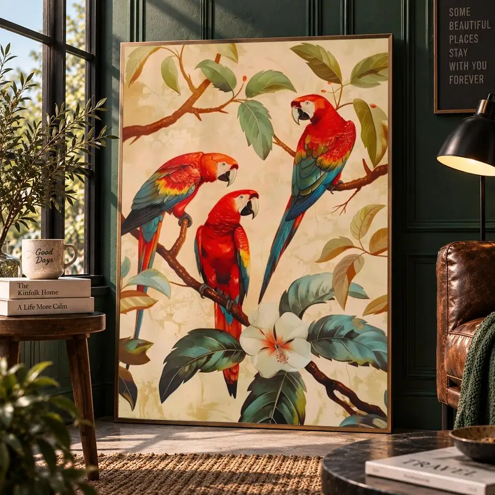 Vintage Parrot Poster Red Macaw Botanical Wall Art Tropical Bird Jungle Home Decor Poster HD