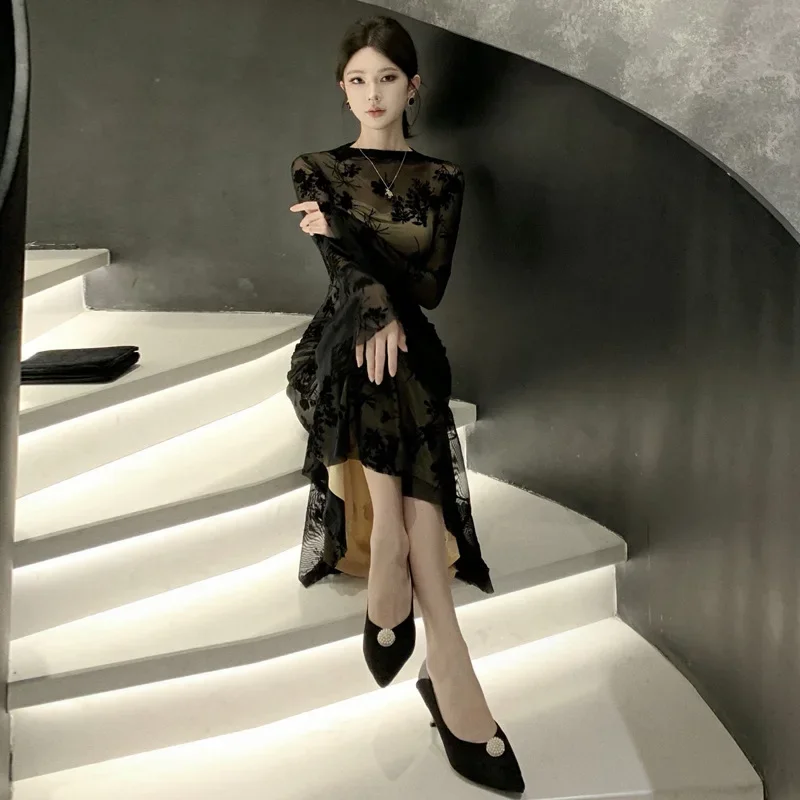 Chinese Style Mesh Long Cheongsam Women Black Qipao Sexy Improved Chinese Dress Long Sleeve Elegant Vestidos Vintage Costume