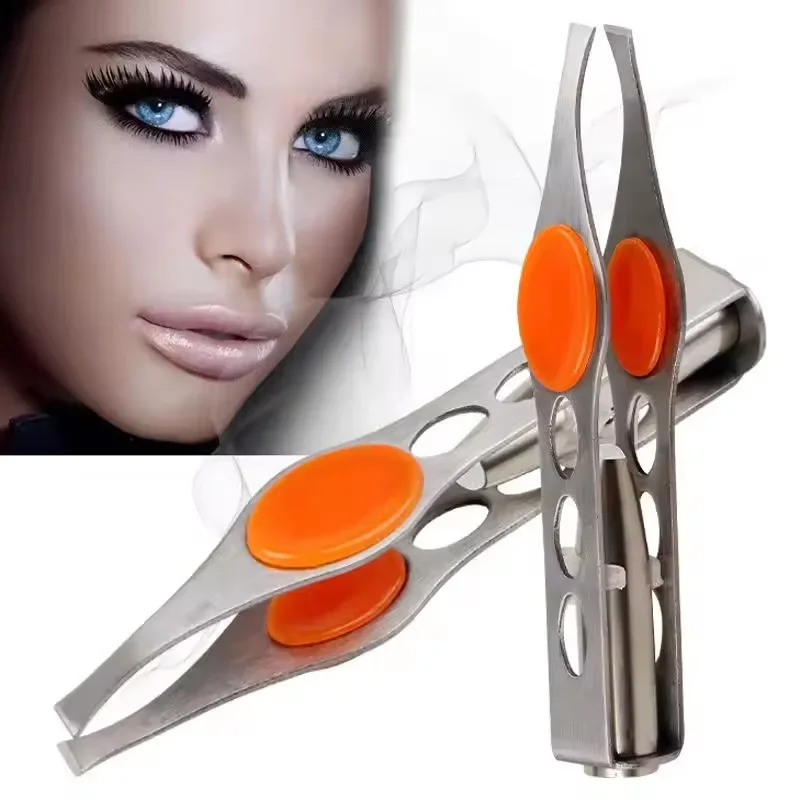 Clip para recortar cejas, ciruela pasa para depilación de ojos, abrazadera para pestañas postizas, 1 LED, acero inoxidable, punta oblicua, herramienta de maquillaje
