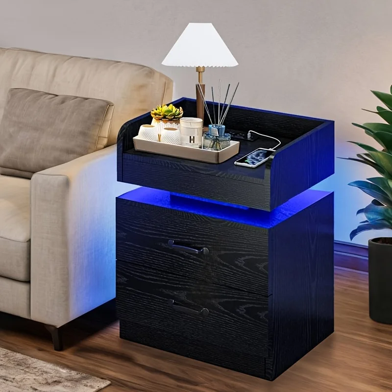 

LED Bedside Table with Charging Station, Wooden Bedside Table with Fabric Drawers And Blue LED Lighting