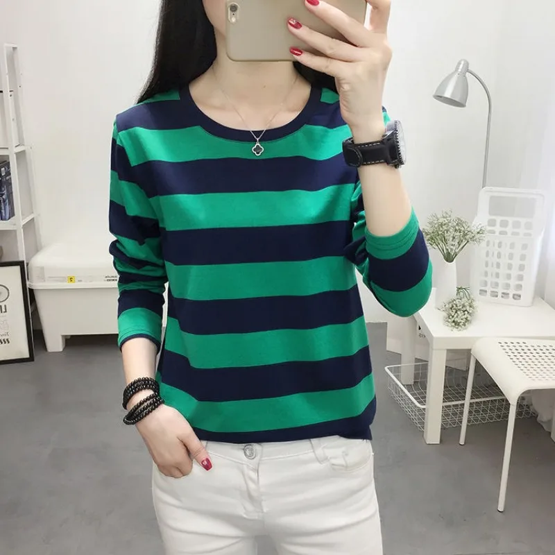 2023 Spring New 95 Cotton Plus Size Women Striped Long Sleeve T-shirt Round Neck Undershirt Loose Autumn Base Shirt