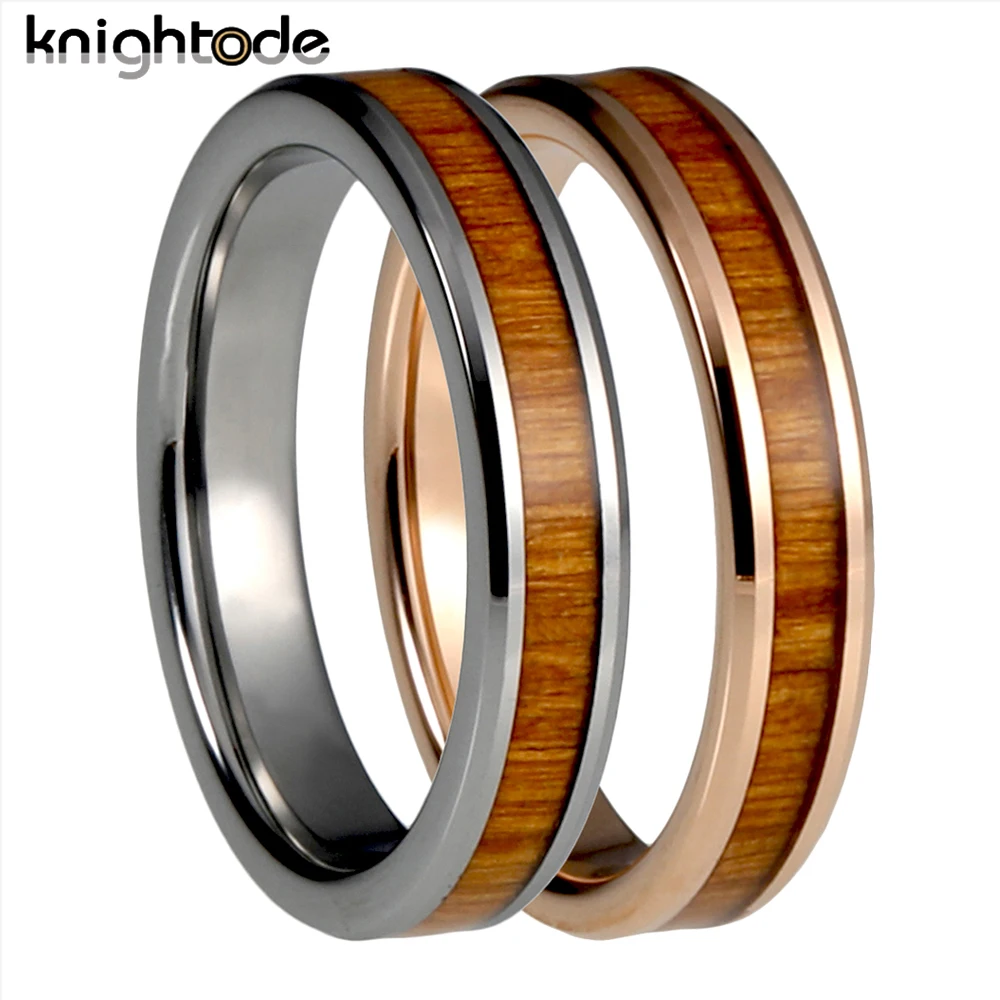 

4mm Tungsten Carbide Ring Yellow Peach Wood Inlay Women Men Vintage Wedding Band Jewelry Beveled Edges High Polished Comfort Fit