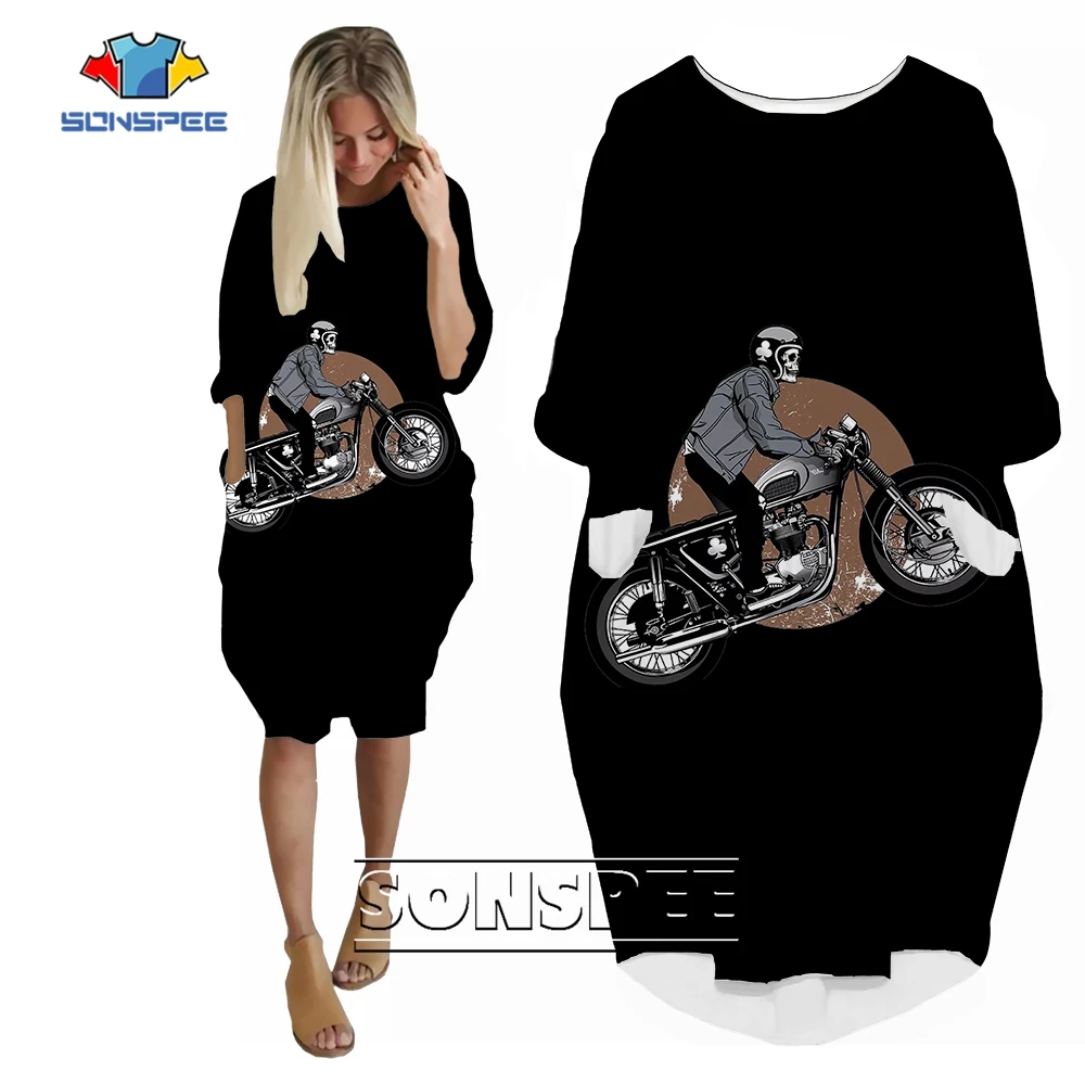 

SONSPEE Horrible Skull Poker Graphic 3D Printed Long Sleeve Skirt Lady Vintage Motorcycle Harajuku Funny Street Personality Robe