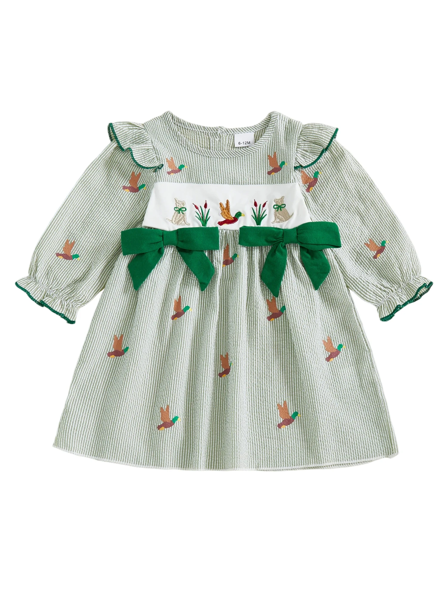 

Toddler Girl Fall Stripe Dress Duck Embroidery Round Neck Long Sleeves A Line Dress