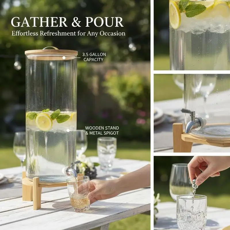 Glass Drink Container 3.5 Gallon For Parties Gatherings Celebrations, Wood Base Metal Tap Clear Jar Large Capacity Beverage Pot