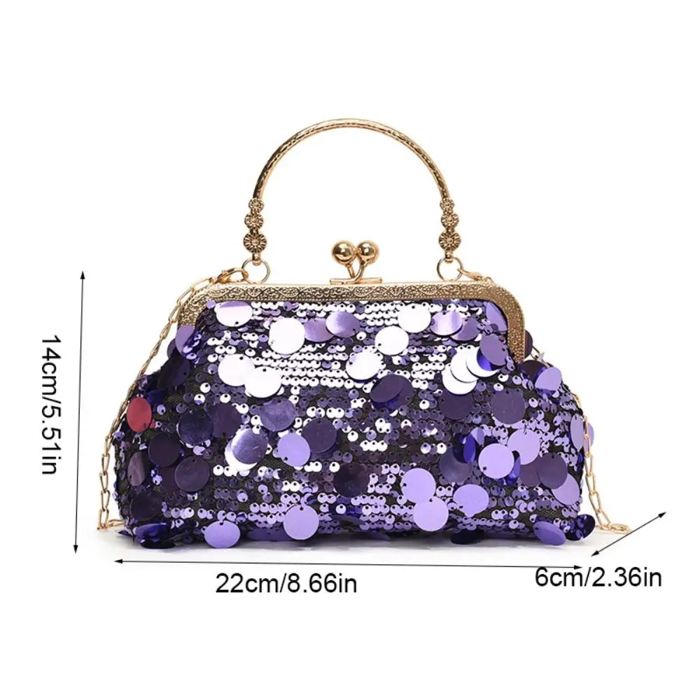 Elegant Shiny Evening Banquet Bag Glitter Lock Buckle Chain Crossbody Bag Korean Style with Round Handle Shell Bag Ladies