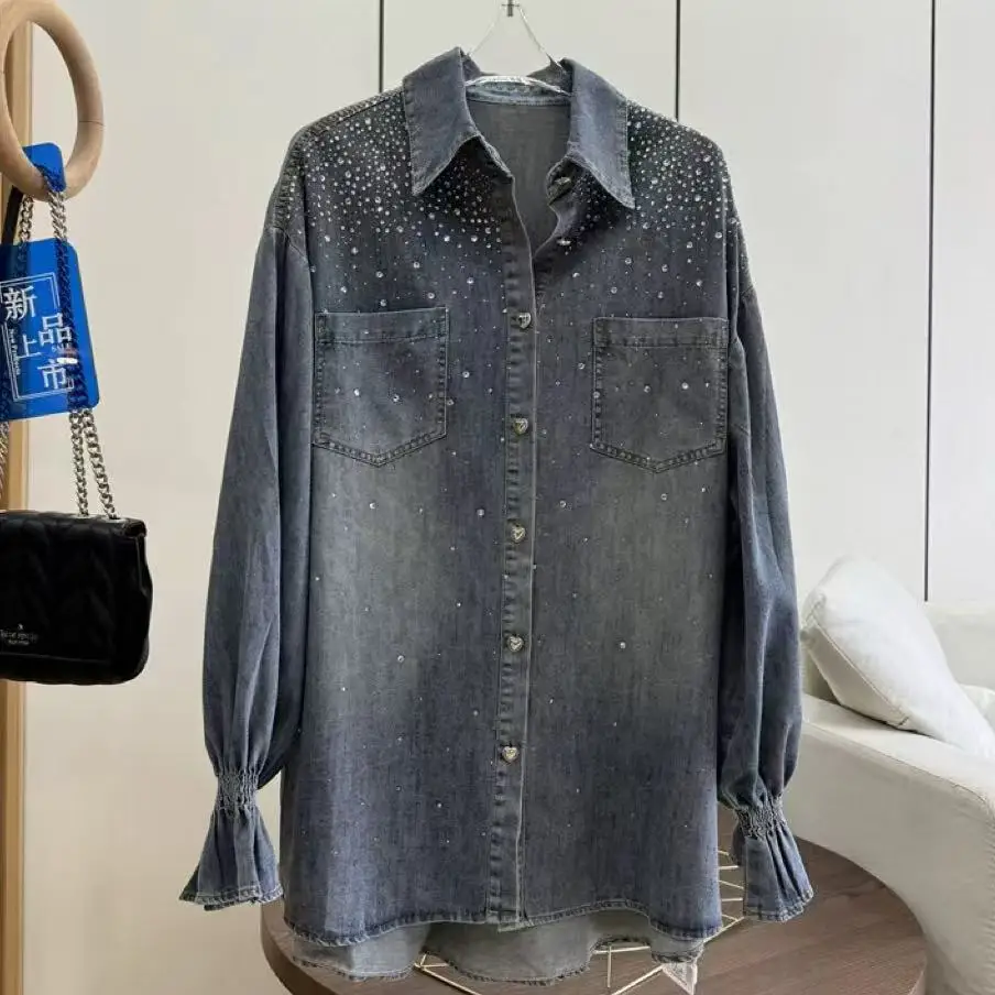 New In Autumn Sparkle Hot Drilling Denim Shirts & Blouses For Women's Fashion Trend Long Sleeve Blusas Woman Clothes