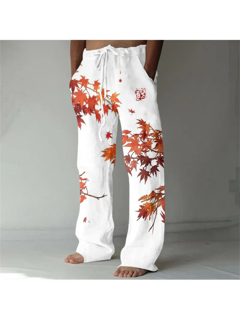 Red maple leaf 3D printed pocket pants for street wear, wide leg casual loose pants for men, straight leg pants