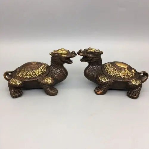 Antique Bronze Ware Collection: A Pair of Small Bagua Money Turtles