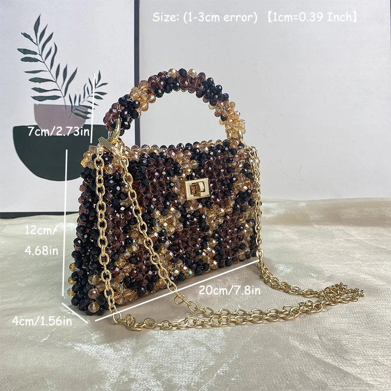 New Fashion High-end Design Small Square Bags Handmade Bead Leopard Print Production Brown Women's Bag Versatile Chain Handbag