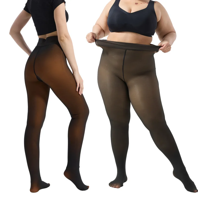 Women Fleece Lined Tights Winter Thickened Sheer Transparent Skin Pantyhose One Piece Crotch Warm Thermal Leggings