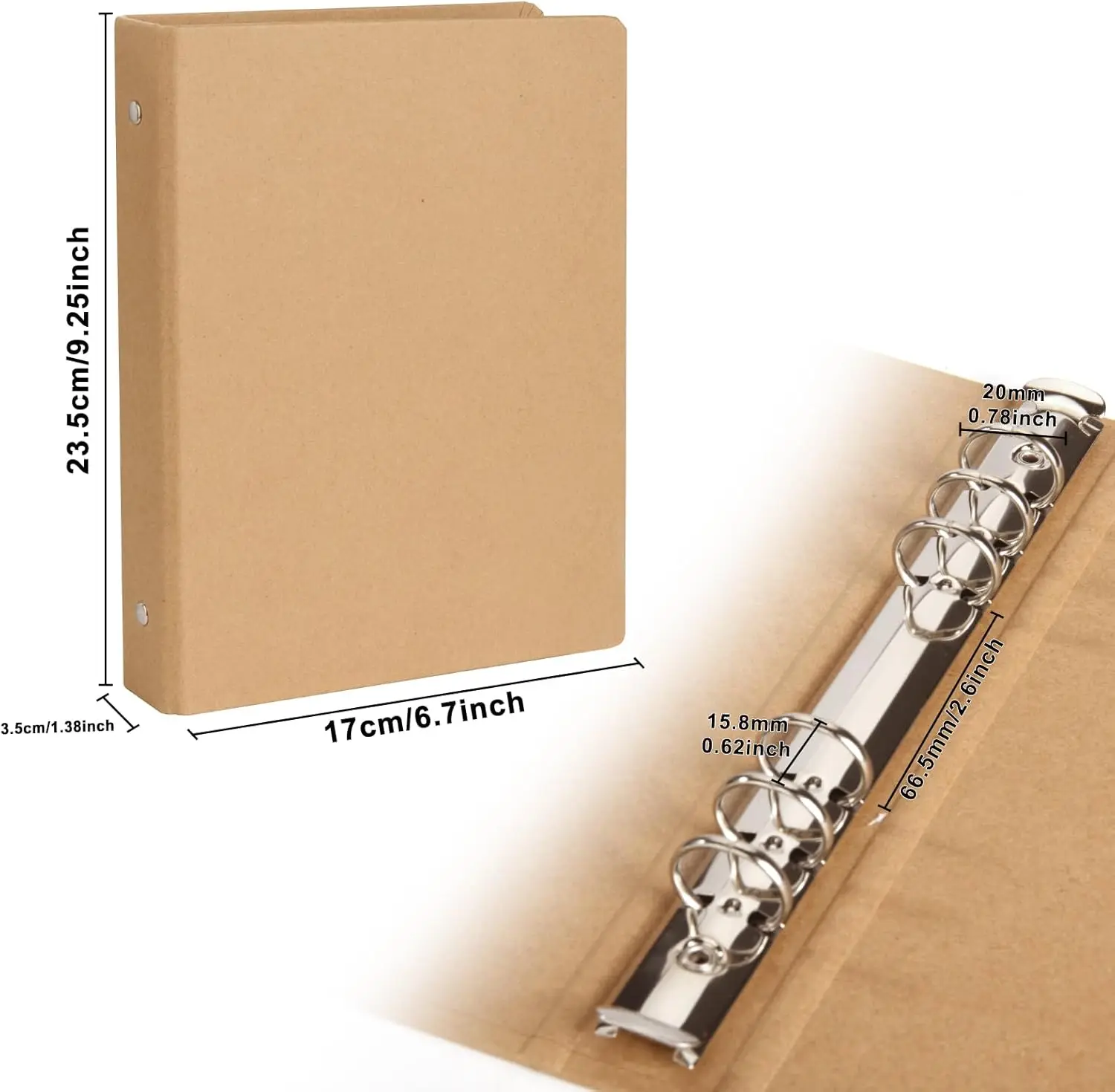 Nueva Carpeta Kraft A5 con 6 Anillas Redondas, Cubierta Protectora Resistente para Diario, Cuaderno, Hojas Insertables