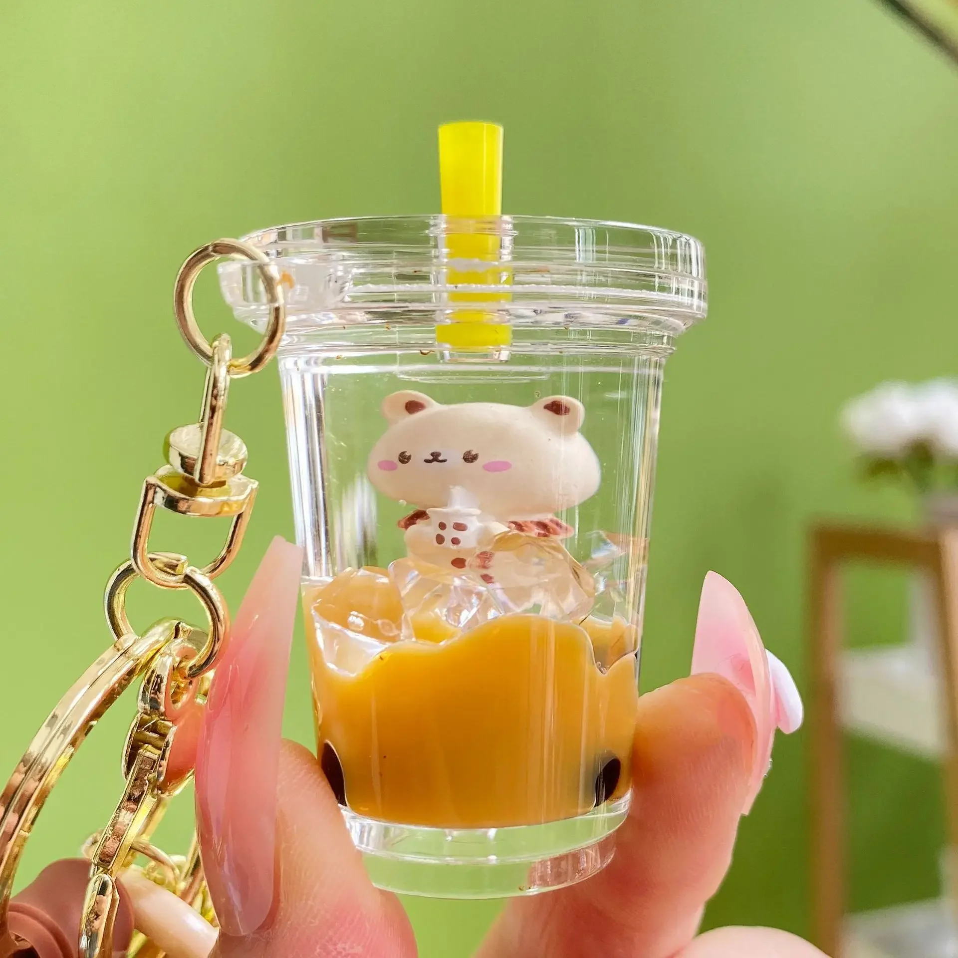 Cartoon Into Oild Pearl Milk Tea Bear Floating Liquid Keychain for Girl Bag Pendant Cute Mug Drink Bottle Keyring Key Charm Gift