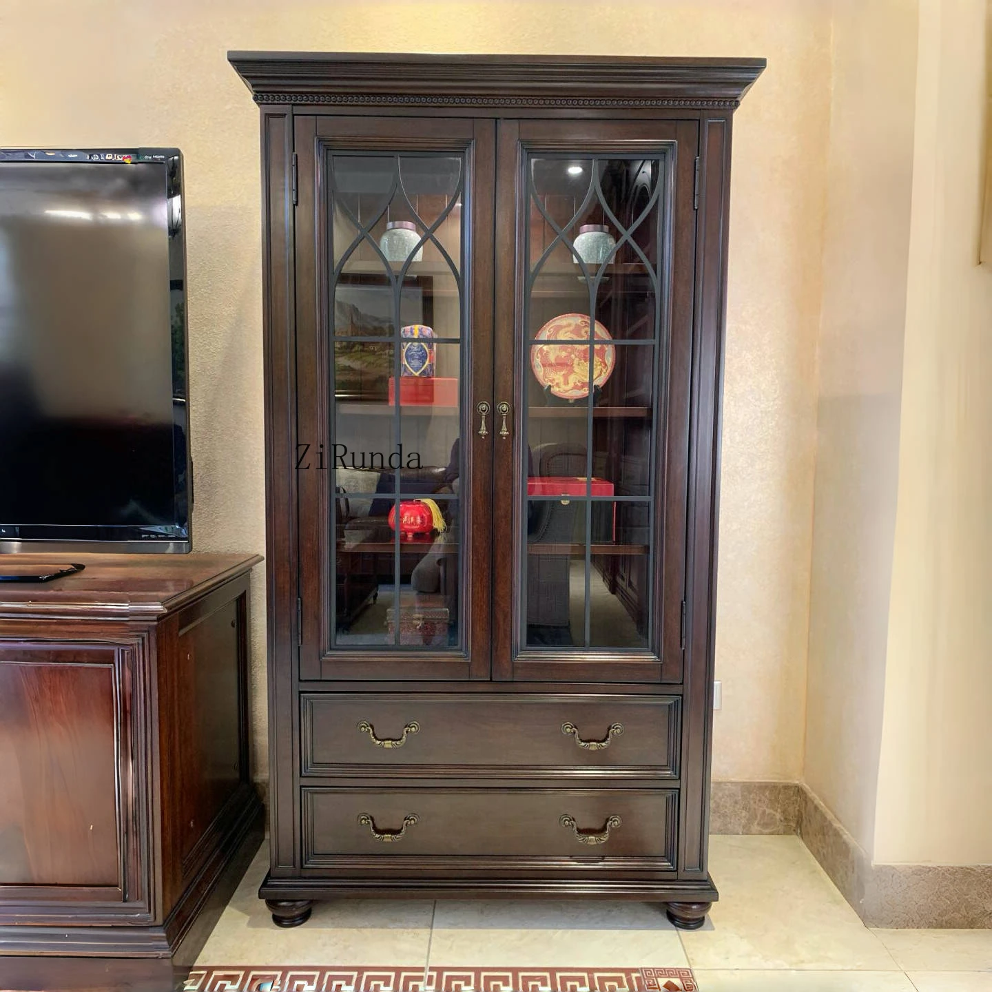 

American country wine cabinet decoration simple oak sideboard North American Roman column bookcase