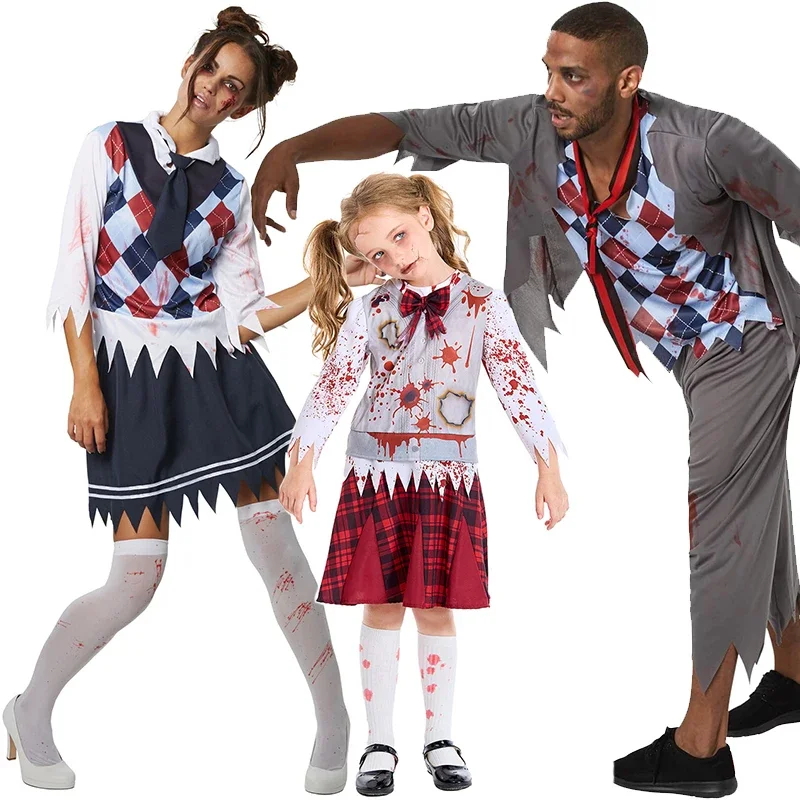 Vestido extravagante da escola zumbi para homens e mulheres, uniforme assustador, roupa sangrenta, fantasia de Halloween, cosplay familiar, menino, 2024