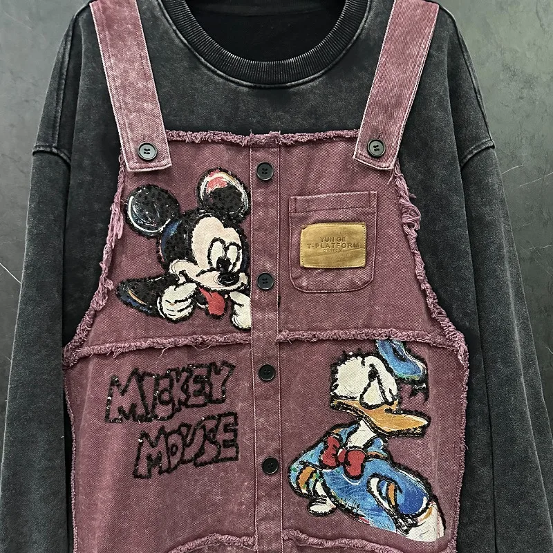 Autumn Heavy Industry New Style Strap Fake Two-Piece Cartoon O-Neck Sweatshirt Women's Loose Casual Versatile Pullover Hoodies