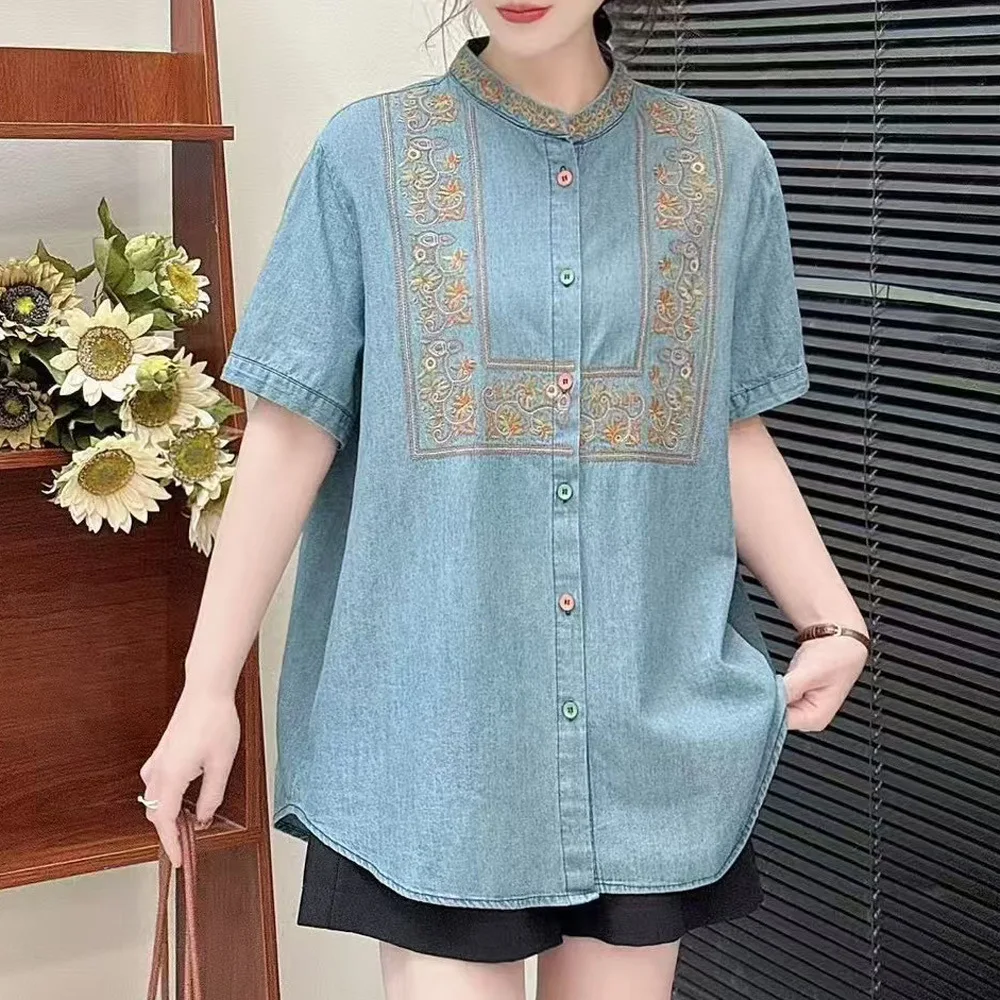 

Women Vintage Mori Girl Floral Embroidery Denim Shirts Japan Style Summer Stand Collar Short Sleeve Casual Loose Jeans Blouse