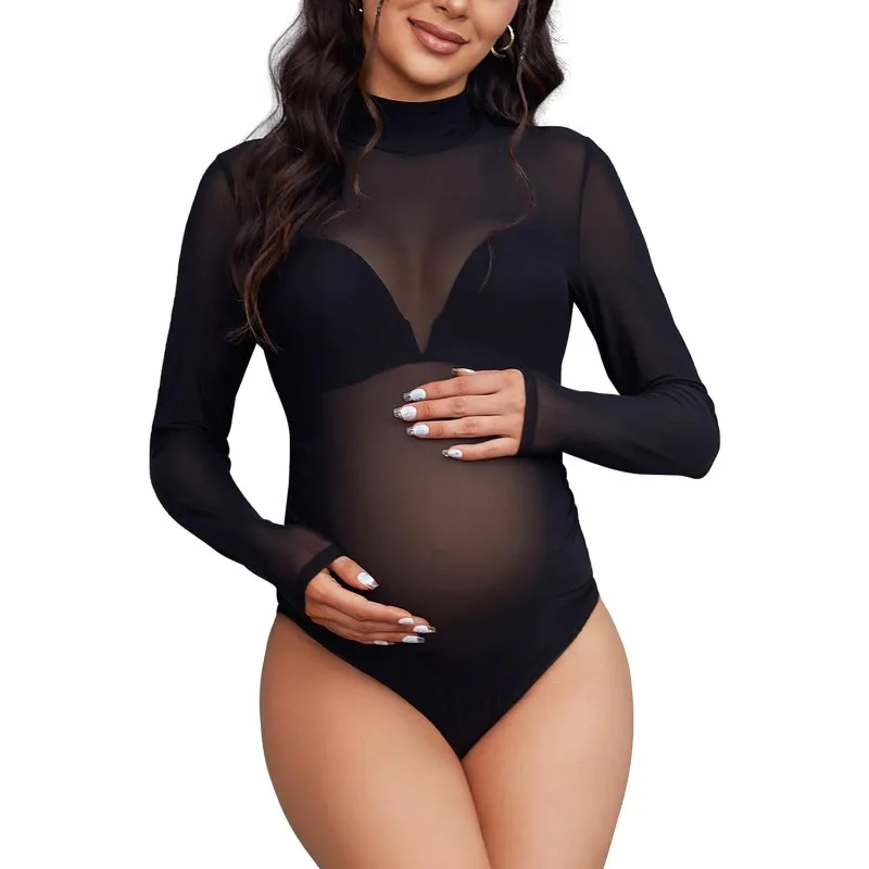 Body per servizio fotografico premaman Lingerie nera elastica per immagini di gravidanza, baby shower con orsacchiotto a maniche lunghe con collo a lupetto trasparente