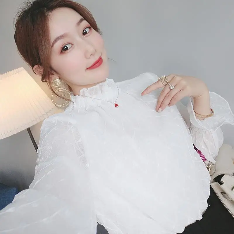 Thin/Thick White Bottoming Top Women's Solid Color Chiffon Shirt Stand Collar Ruffles Long Sleeve Blouse