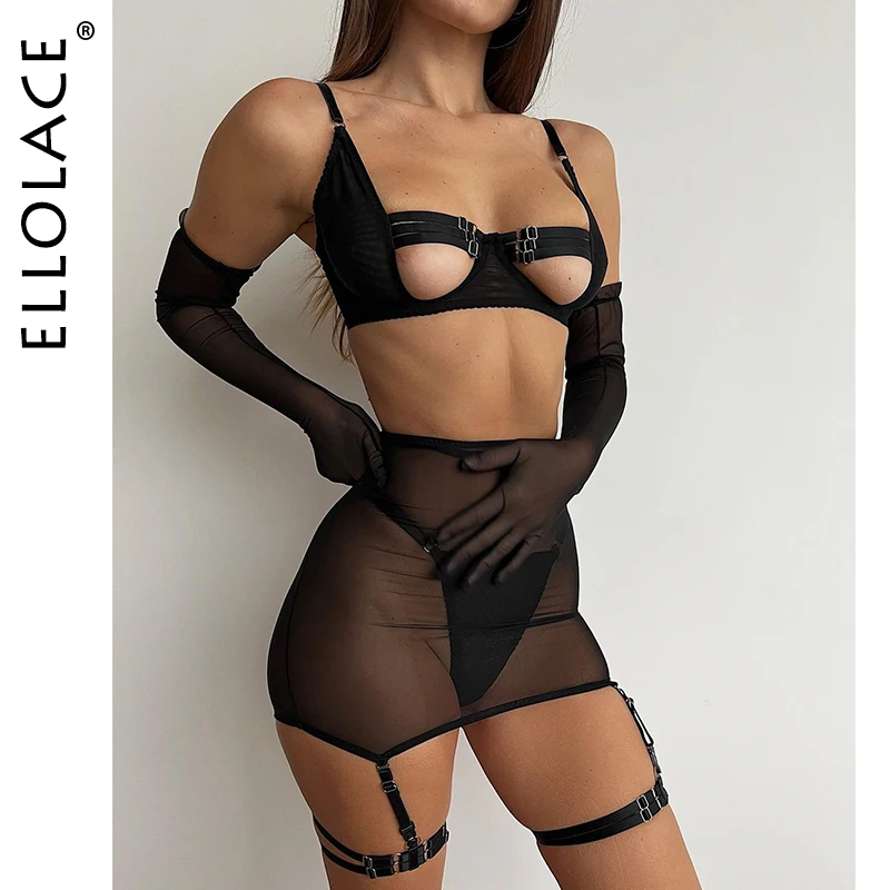 Ellolace Sensual Lingerie Cut Out Bra Garter Lace Up Bandage Sissy Underwear 4-Piece Exotic Sets Transparent Mesh Intimate