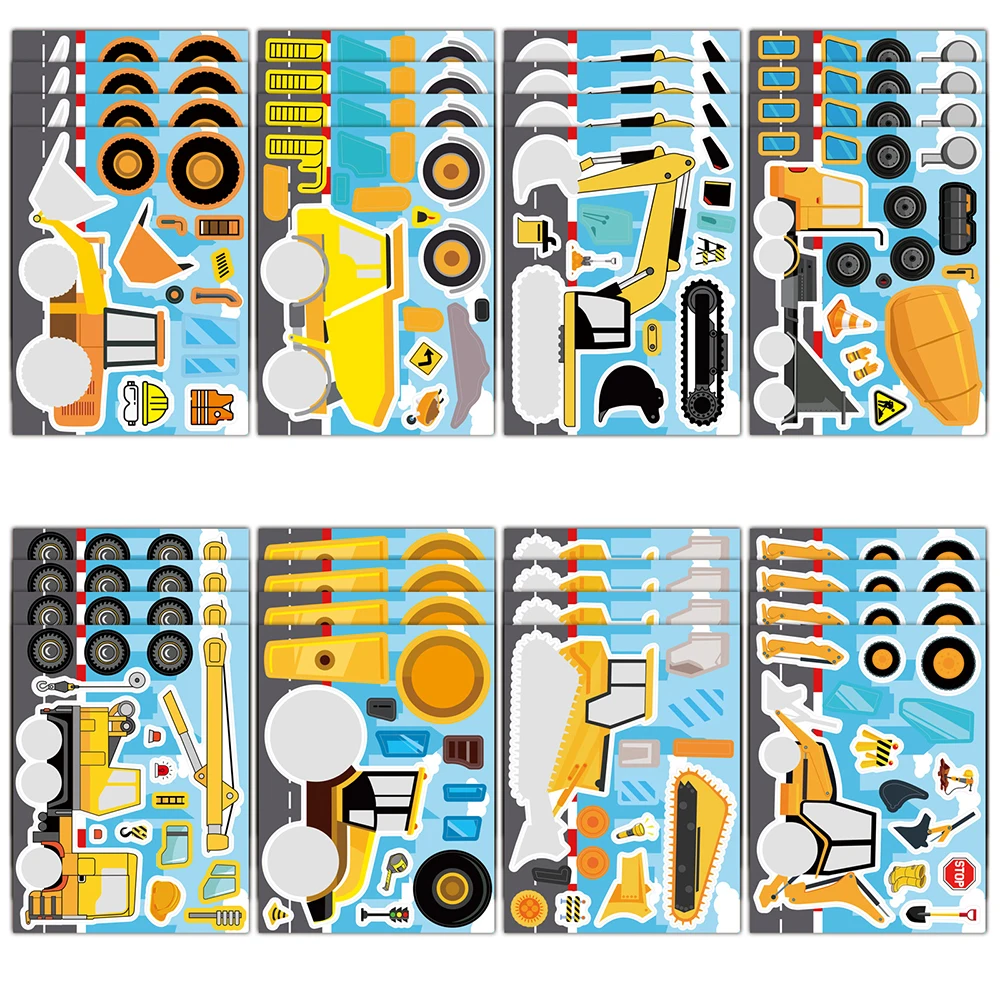 

8/16Sheets Kawaii Engineering Vehicles Puzzle Stickers Kids Make a Face DIY Toys Party Assemble Jigsaw Cartoon Truck Decals