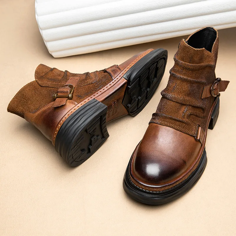 CLAIAMI Handmade Motorcycle Riding Boots Men Retro Cowhide Paratrooper Ankle Boots Platform Leather Zipper Men Shoe Botas Hombre
