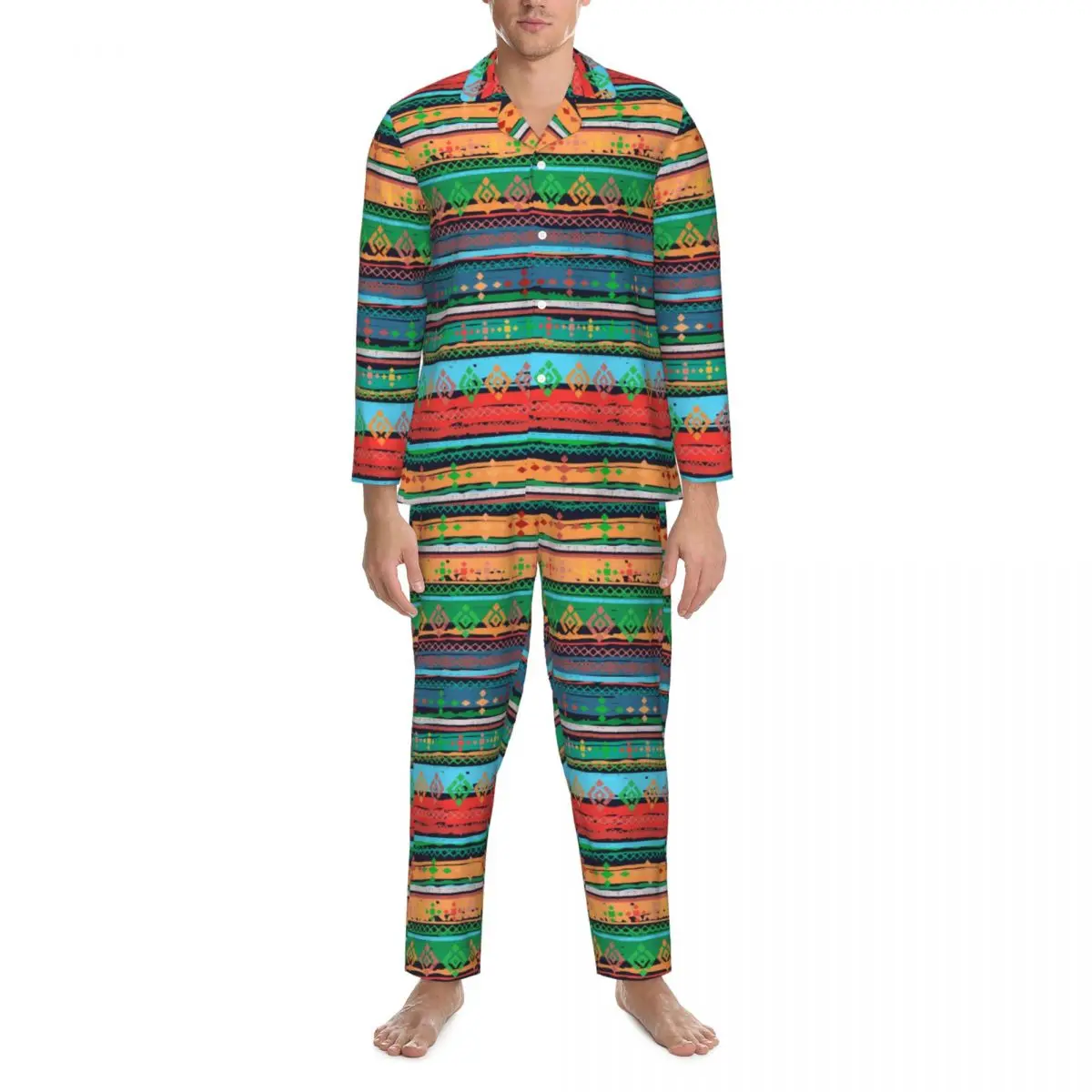 Pajamas Male Retro Tribal Daily Sleepwear ethnic boho 2 Piece Casual Loose Pajamas Set Long Sleeve Kawaii Oversize Home Suit