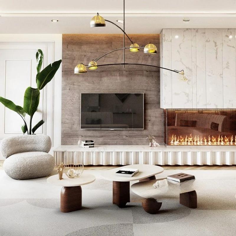 Natural Yellow Travertine Coffee Table Art Marble Solid Wood Creative Coffee Table Combination Oval Round Nordic