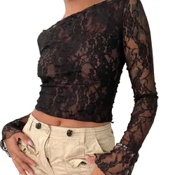 WPNAKS Women Lace See-Through Crop Tops Spring Autumn Clothes Off-Shoulder Long Sleeve Casual Pullovers Sexy Club Streetwear