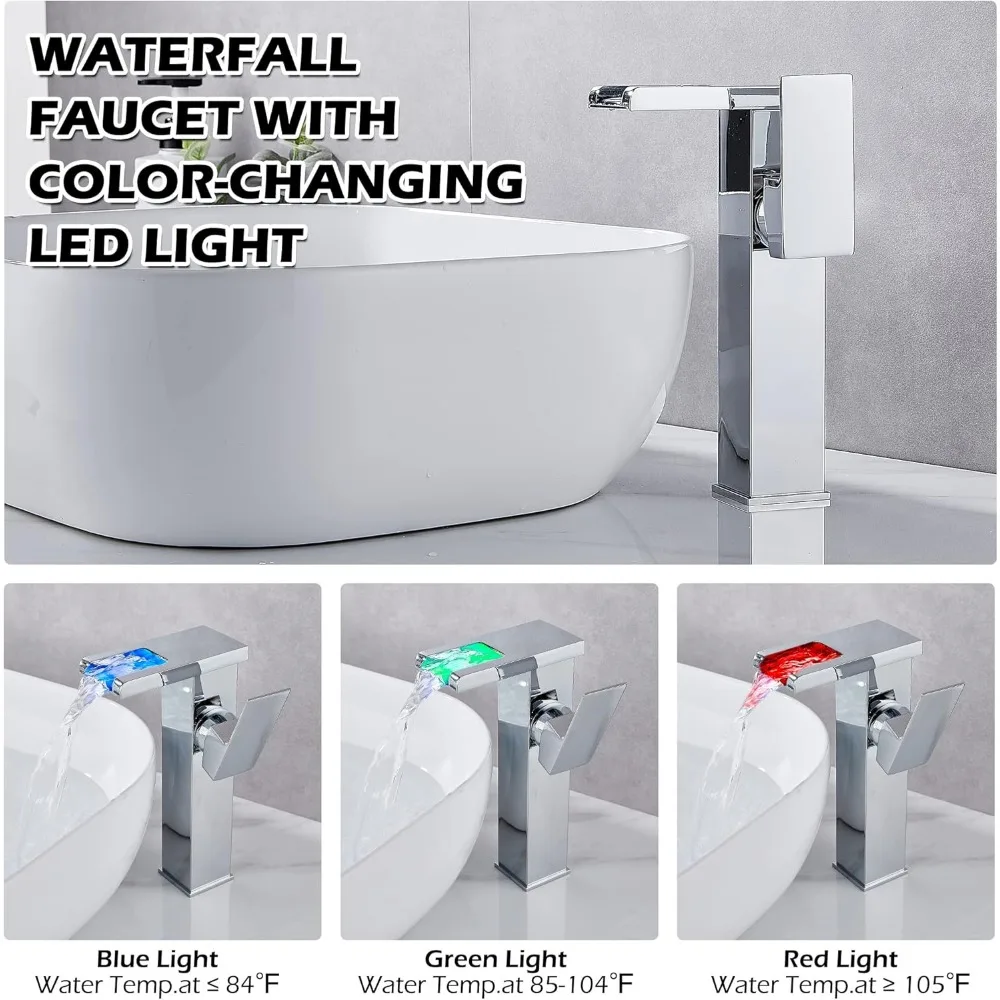 Chrome Waterfall Vessel Sink Faucet with One Hole Handle, Pop-Up Drain, No Overflow, Basin Supply Line Included, Long Tail Keywo