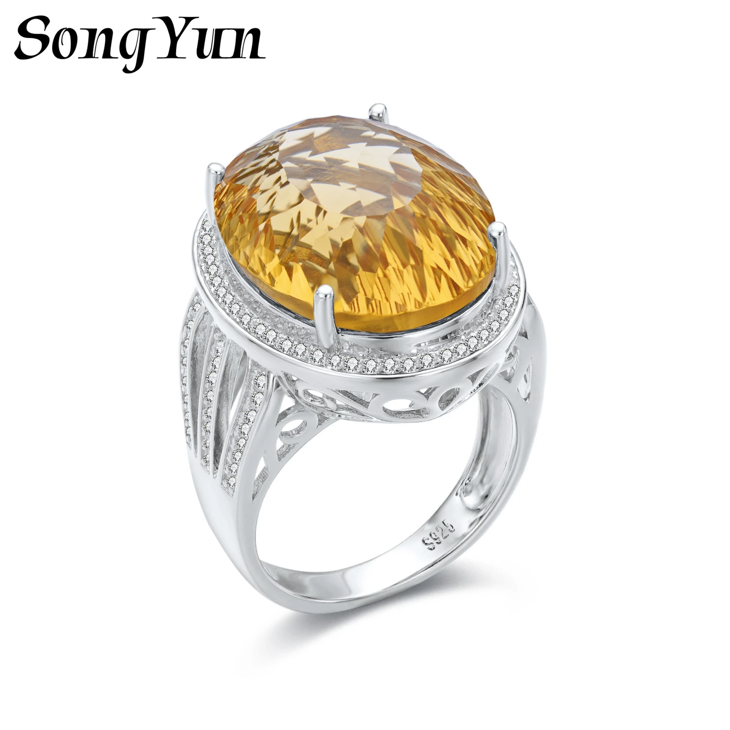 SONGYUN Natural Gemstones Jewelry Large Oval Natural Citrine Ring S925 Silver Inlaid Gem Band Jewelry