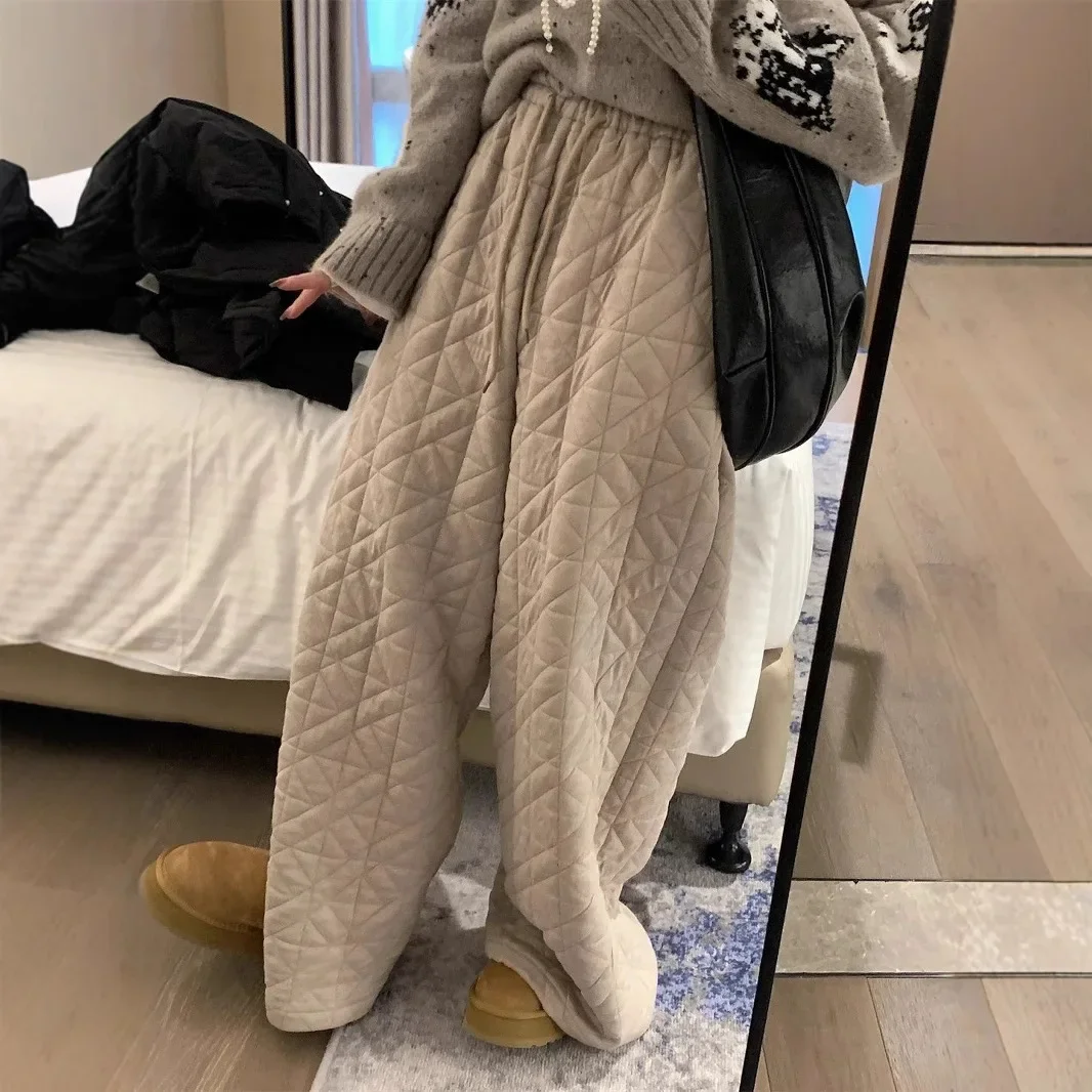 厚手の綿パンツ ハイウエスト ワイドレッグ カジュアル 冬 レジャー サーマル ダイヤモンド柄 レディース ロングパンツ