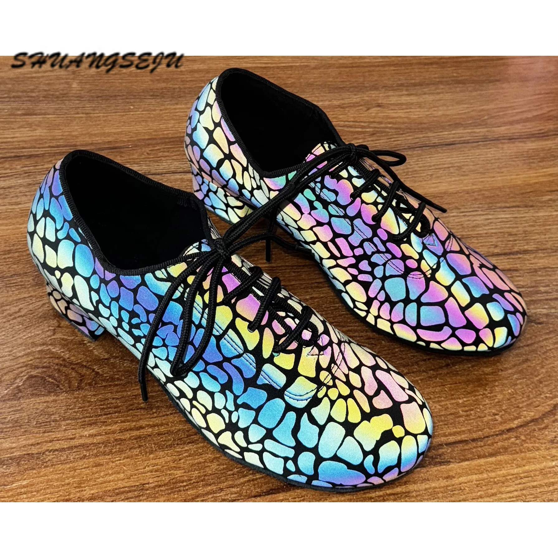 SHUANGSEJU New Luminous reflective leather closed-toe modern dance shoes professional Latin teacher competition Dance shoe girls