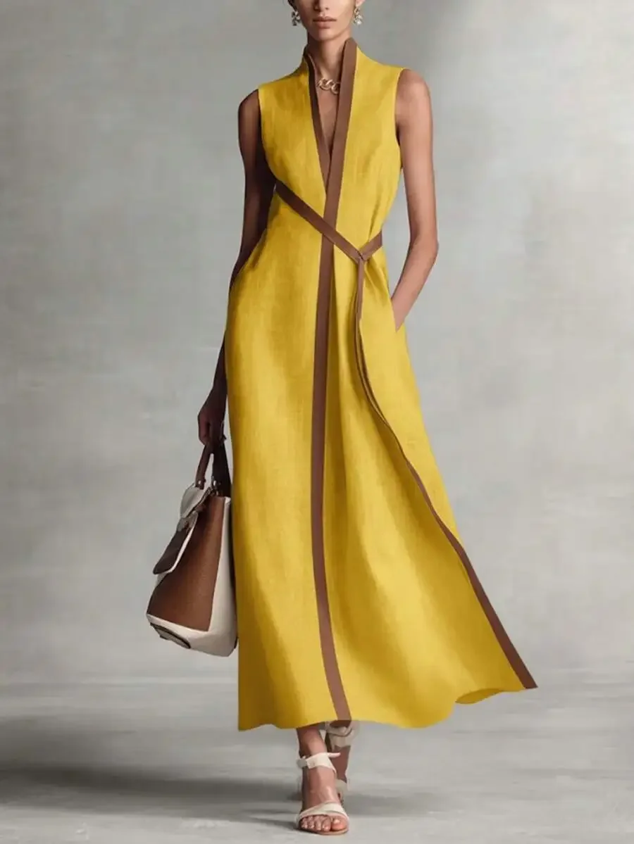 

Mustard Yellow Linen Maxi Dress, Sleeveless, High Stand Collar, Brown Contrast Stripes, Flowy Loose Fit For Summer Casual