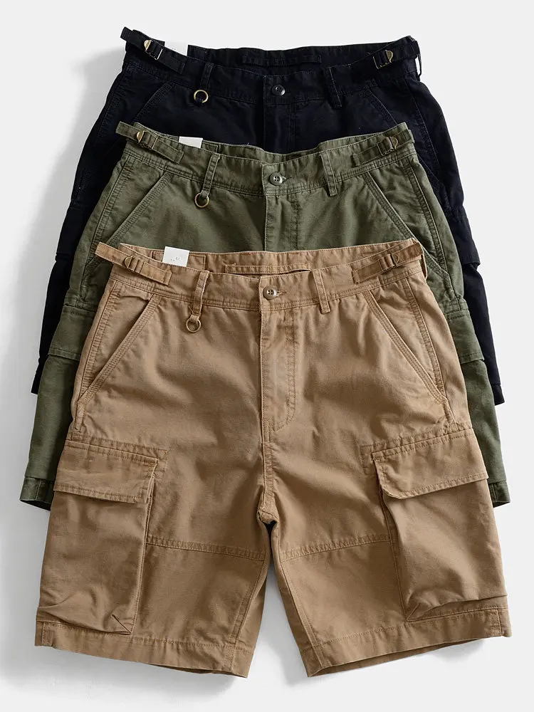 Heavyweight Vintage 100% Cotton Washed Summer Japanese Loose Casual Men's Knee Length American Multi-Pocket Cargo Shorts