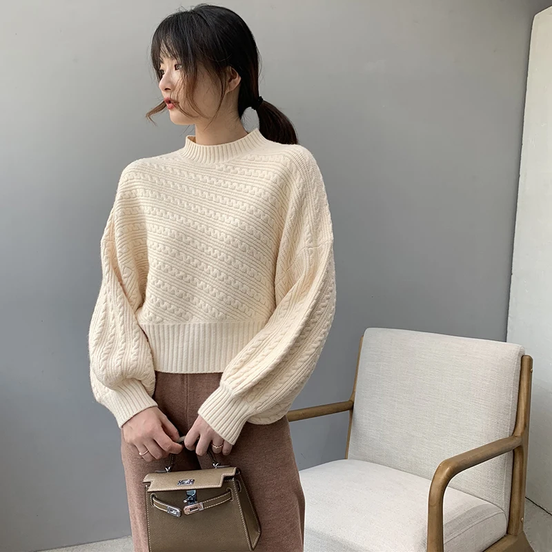 Fall Winter Thick Half Turtleneck Women Pullover Fashion Warm Lantern Sleeve Knitted Sweater Korean Loose Pure All-Match Jumper