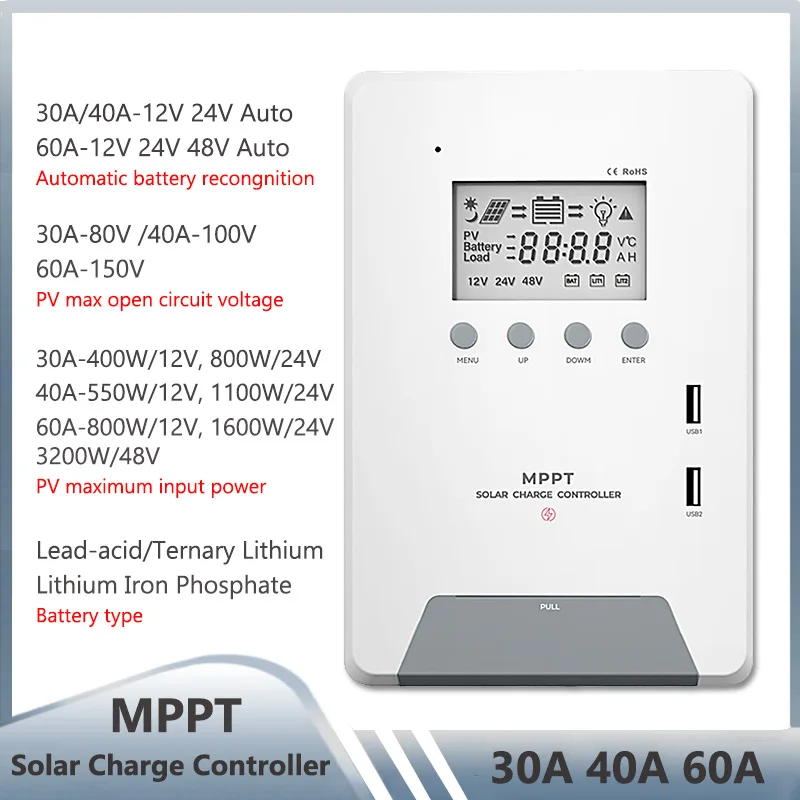 

60A MPPT Solar PV Charge Controller 12V 24V 48V Auto Solar Panel Regulator LCD Display For Lead Acid Lithium LiFePO4 Battery