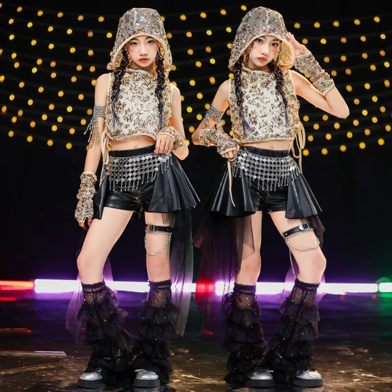 الفتيات Kpop ملابس رقص مجموعة الذهب الترتر صافي هوديي المحاصيل تانك الأعلى جلد أسود مطوي تنورة صغيرة الهيب هوب أداء الزي