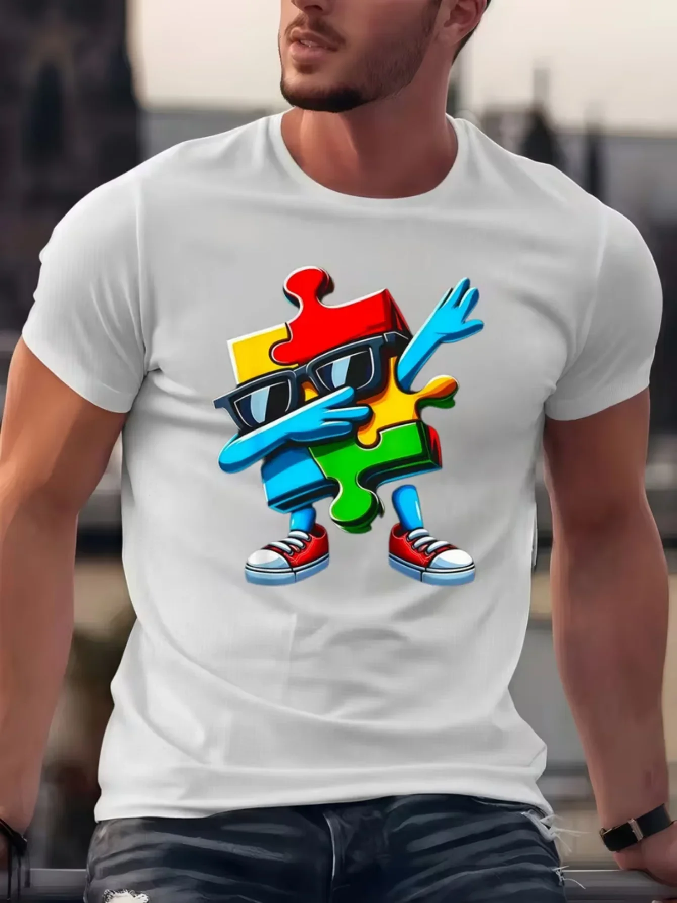 Men O-Neck T-Shirt Dabbing Puzzle Cartoon Autism Awareness Graphic Short Sleeve Gift For Autism Supporter Casual Streetwear Tops