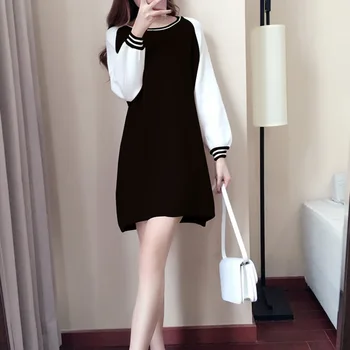 여성용 우아한 라운드넥 긴팔 스웨터, 무릎 길이, 레저 패션, 용수철 여름, 2024 신상 원피스