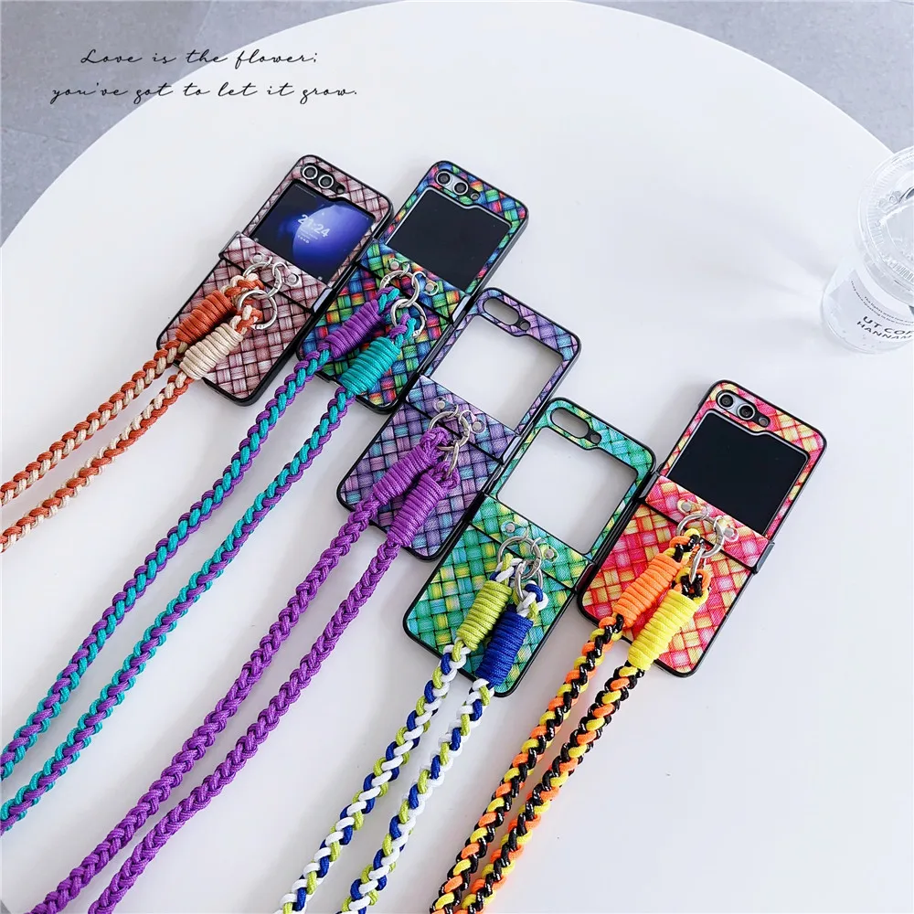 Funda con bisagra de cuerda larga con flores tejidas, carcasa moderna para Samsung Galaxy Z Flip 5, 4, 3, OPPO Find N3Flip N2Flip P50Pocket S VIVO X Flip