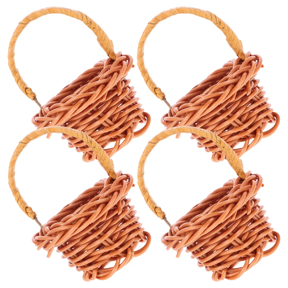 

4pcs Mini Rattan Baskets Coffee Color Handmade Woven Storage Home Decor Picnic Basket Small Handle Tiny Container