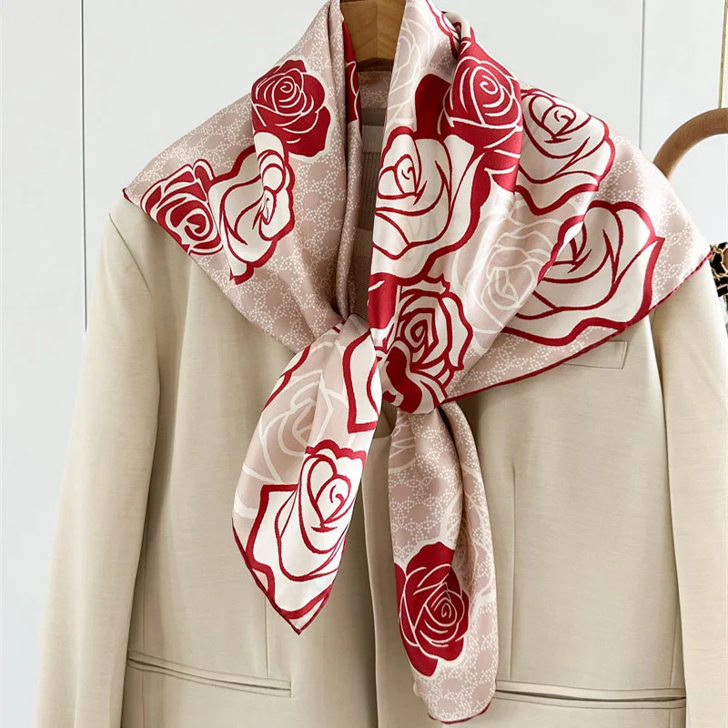 Roses Print 100% Silk Scarf Neckerchief Floral Silk Head Scarves Hijab for Hair Wrapping 88x88CM