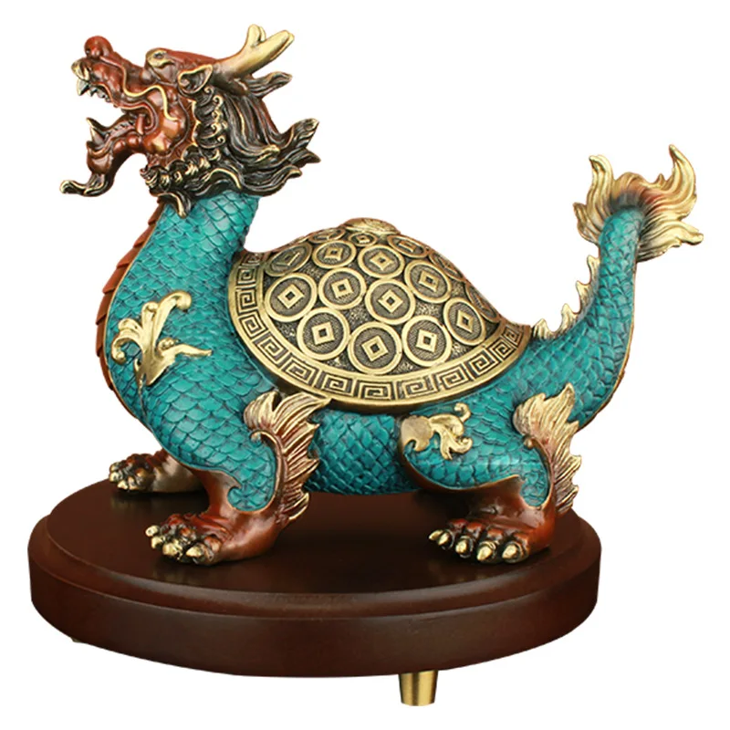 Copper dragon turtle ornament, office desk study lucky ornament