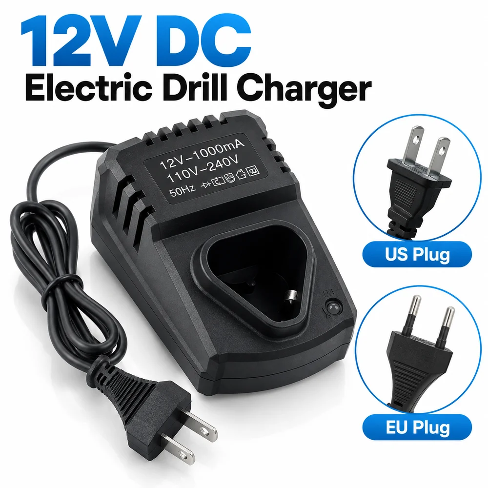 1Pcs 12V DC Electric Drill Charger 110-240V Input PVC Li-ion Battery Charger Black US EU Plug Power Tool Charger