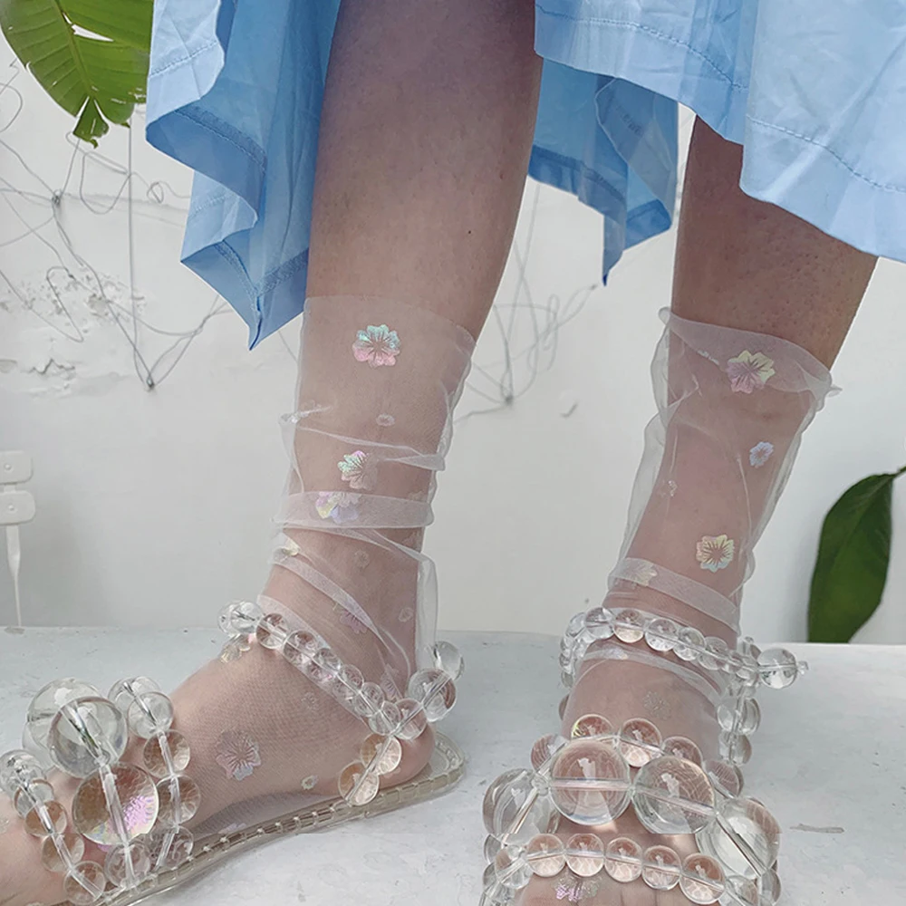 Transparent Women Flower Shine Fashion Chiffon Tulle Socks Nylon Mesh Socks Hosiery