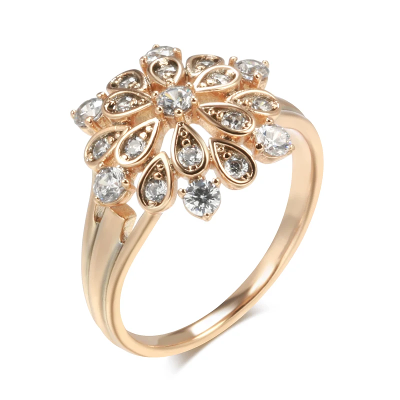 Kinel New Natural Zircon Crystal Flower Ring for Women 585 Rose Gold Color Fine Ethnic Bride Ring Vintage Wedding Jewelry