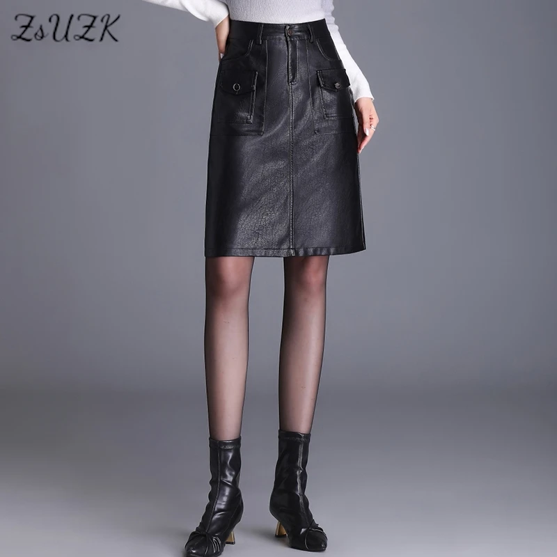 

ZUZK Women PU Leather Bodycon Skirts Simple Elegant Short Skirt Autumn Winter High Waist Streetwear Boot Skirt Pocket Skirt